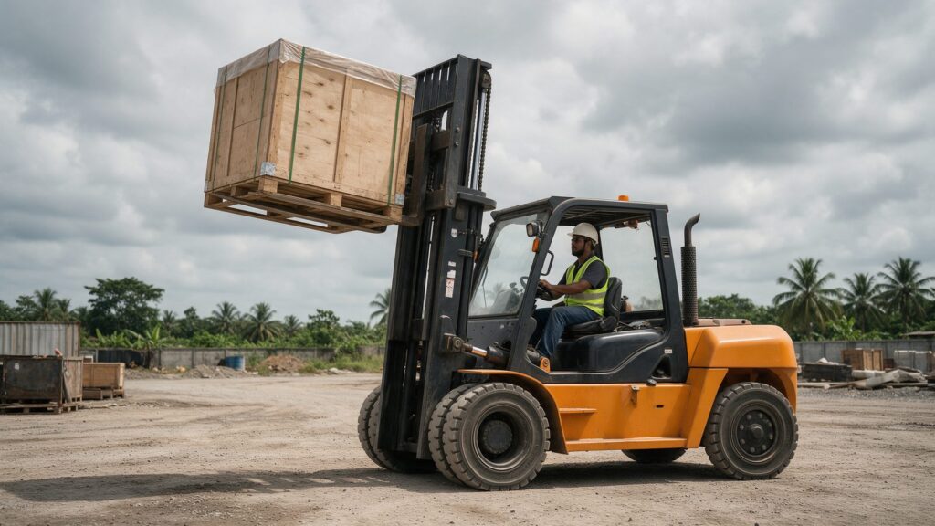 Forklift diesel mengangkat beban berat di area outdoor