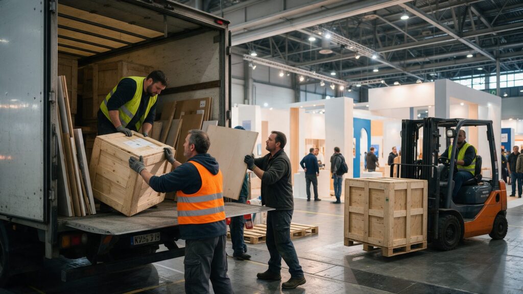 Proses move in dan bongkar muat material booth di hall pameran